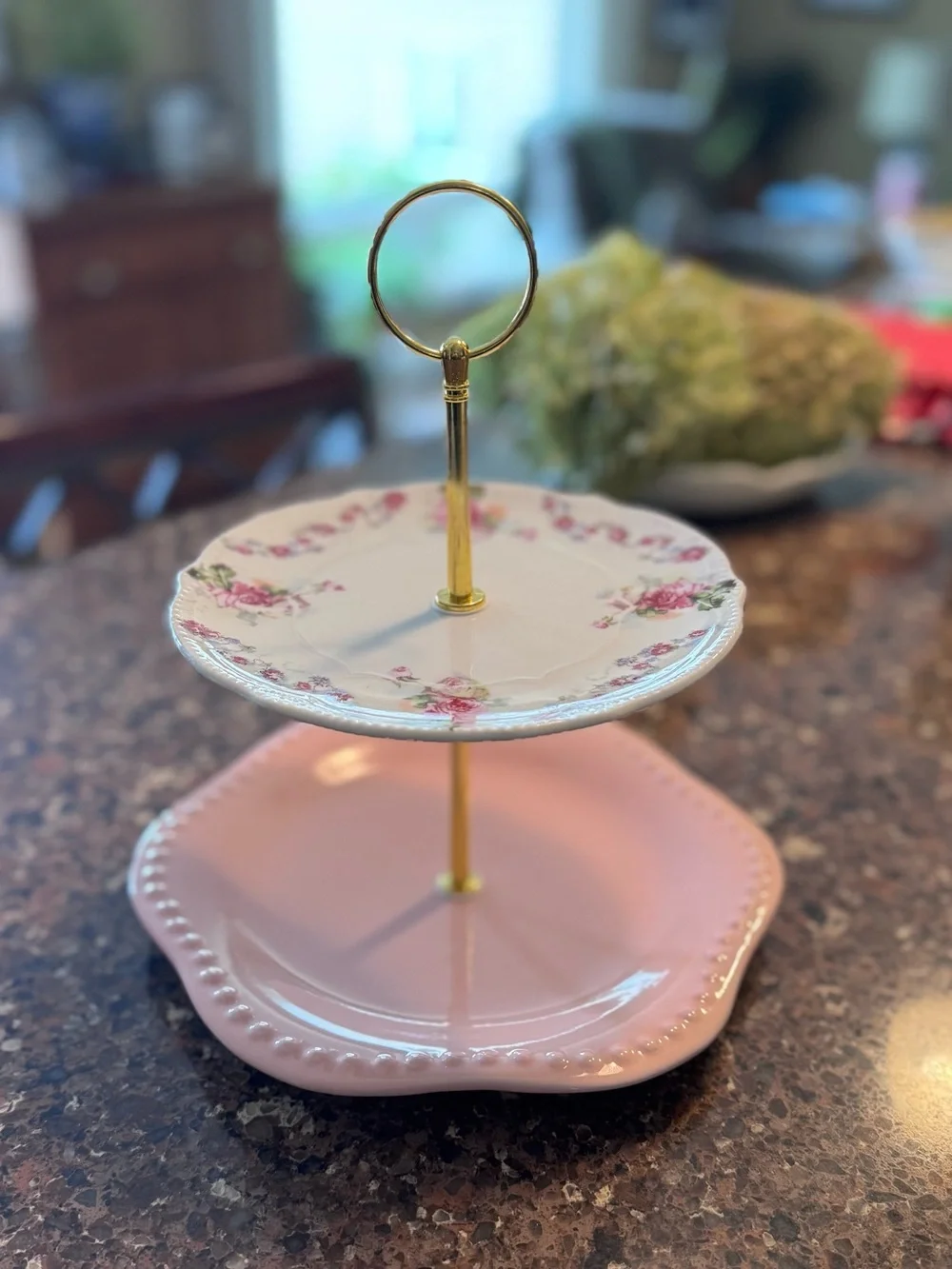 Vintage Two-Tier Pink Floral Dessert Stand with Gold Handle
